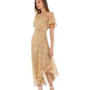 ASTR The Label Floral High-Low Midi Dress Mustard Multi Ditsy Flutter Sleeve 3X